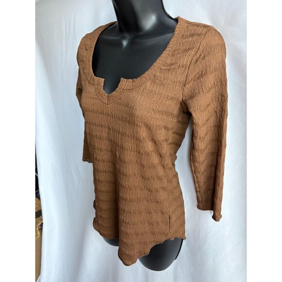 Culture Code Brown Textured Crinkled 3/4 Sleeve Top Shirt Basics Essential S - Picture 4 of 9